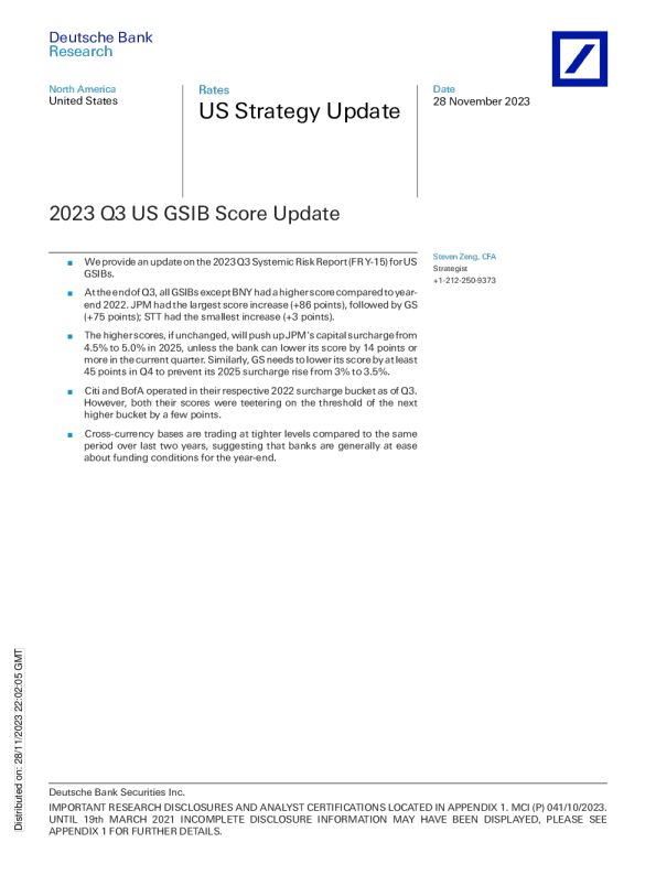 美国战略更新 ： 2023 年第三季度美国 GSIB 评分更新