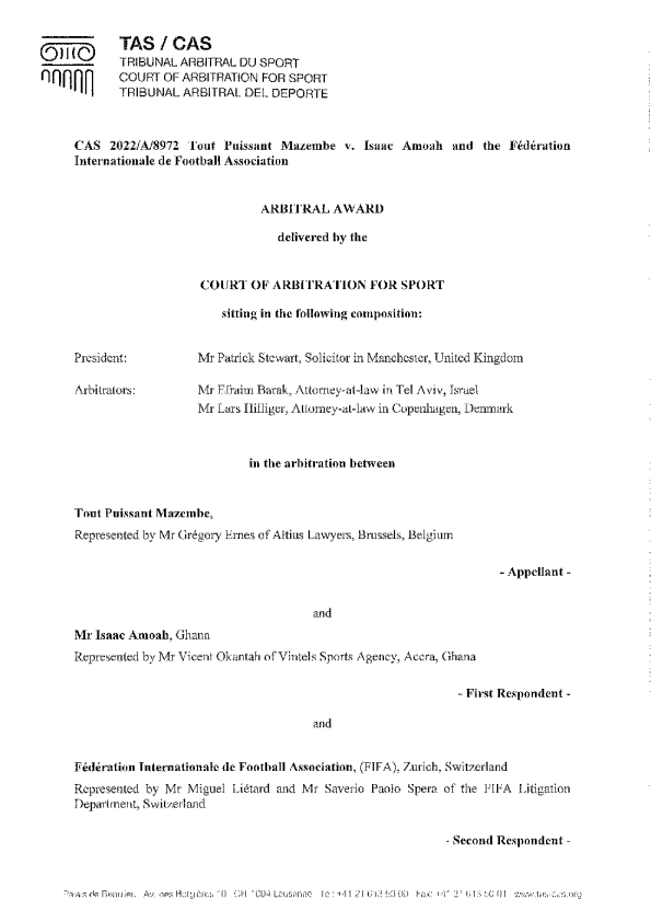 CAS 2022 A 8972 Tout Puissant Mazembe v. Isaac Amoah and FIFA