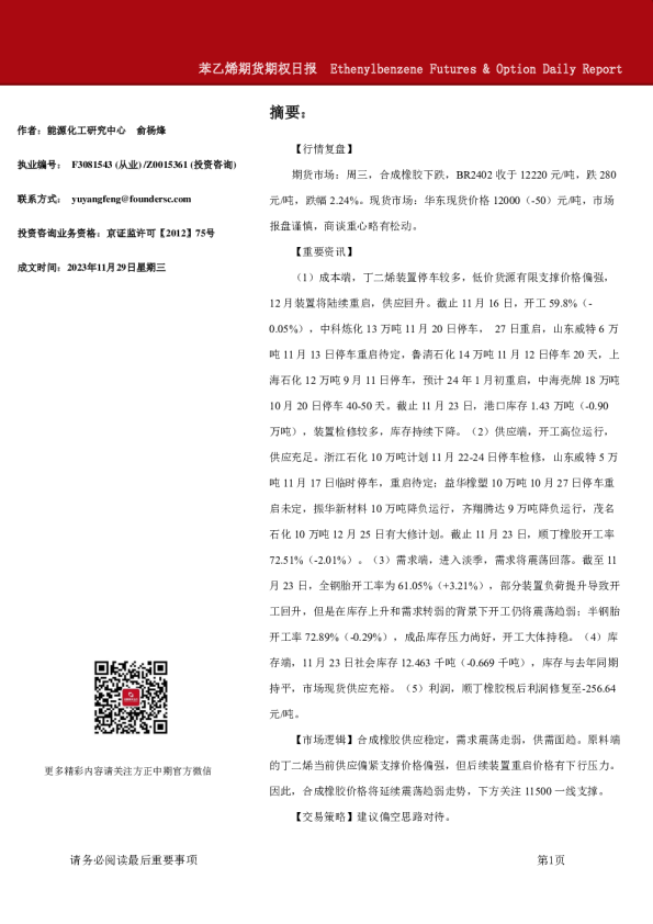 苯乙烯期货期权日报