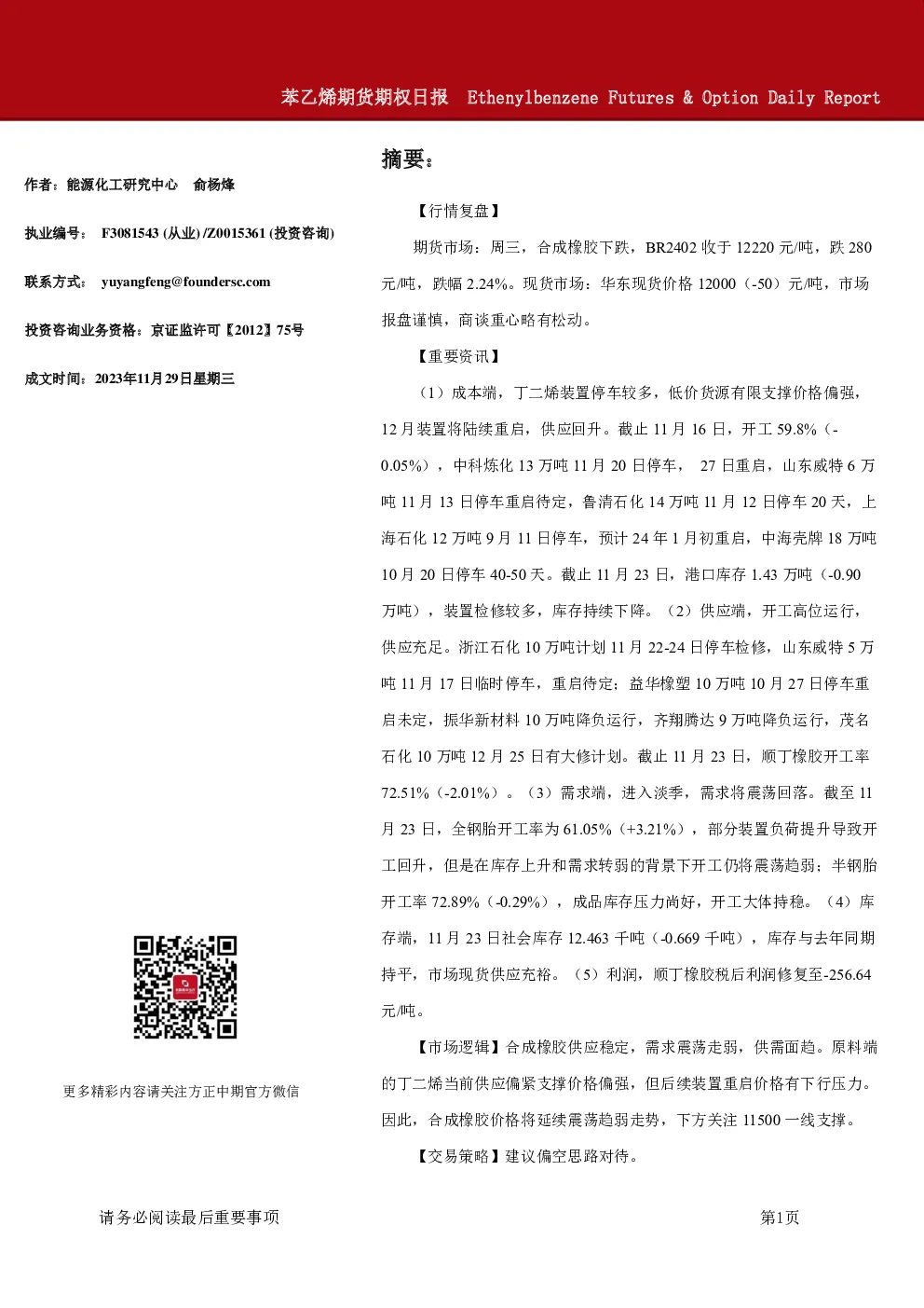 苯乙烯期货期权日报