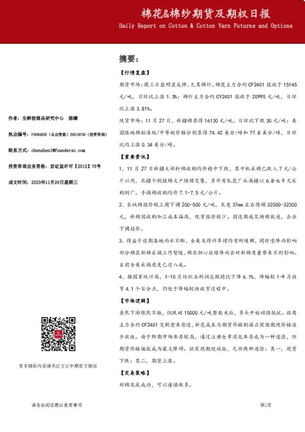 棉花&棉纱期货及期权日报
