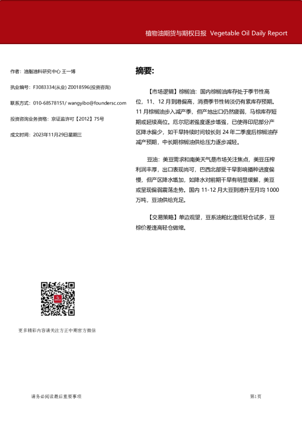 植物油期货与期权日报