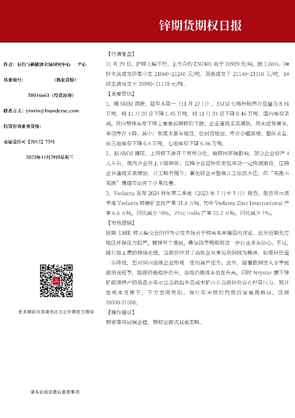 锌期货期权日报