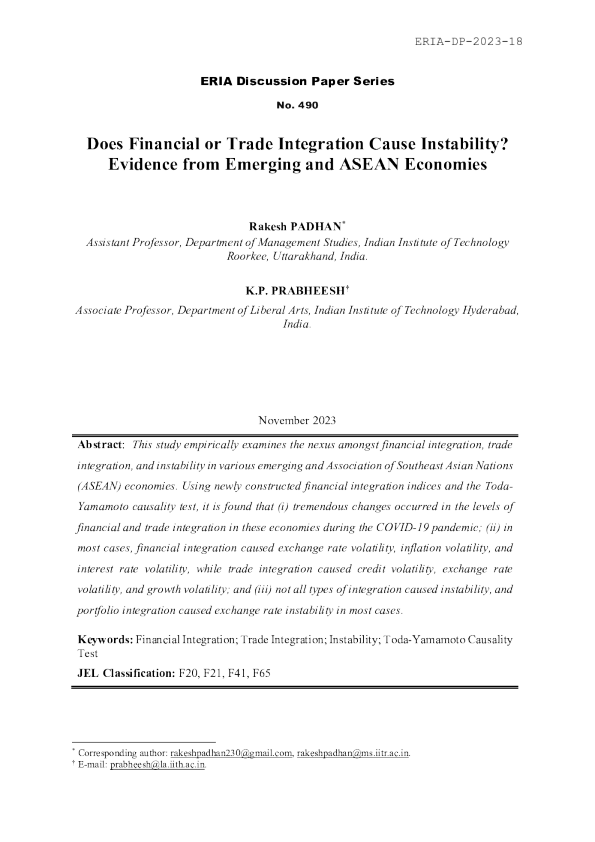金融或贸易一体化会导致不稳定吗 ？ 来自新兴经济体和东盟经济体的证据