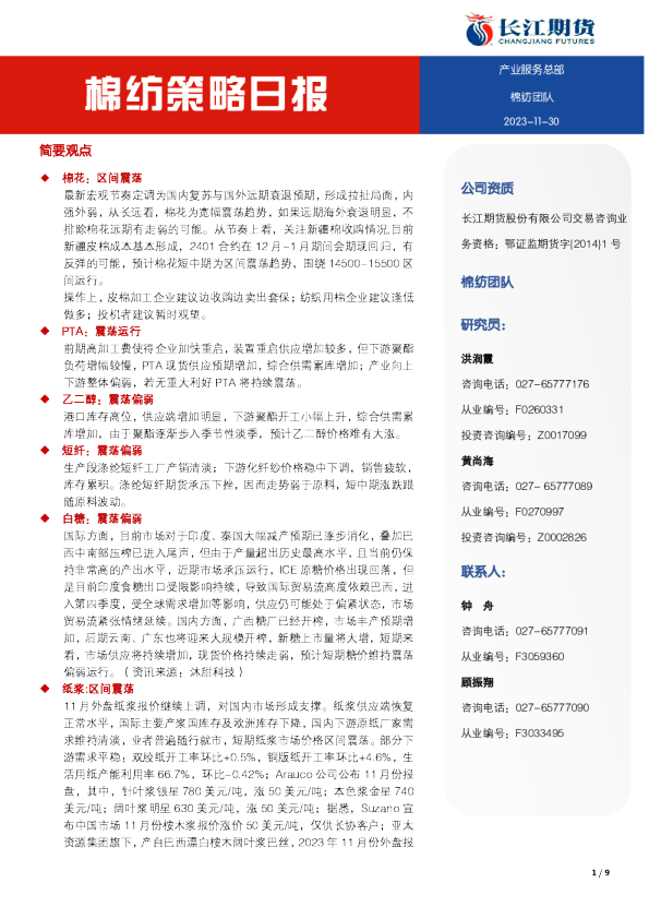 棉纺策略日报