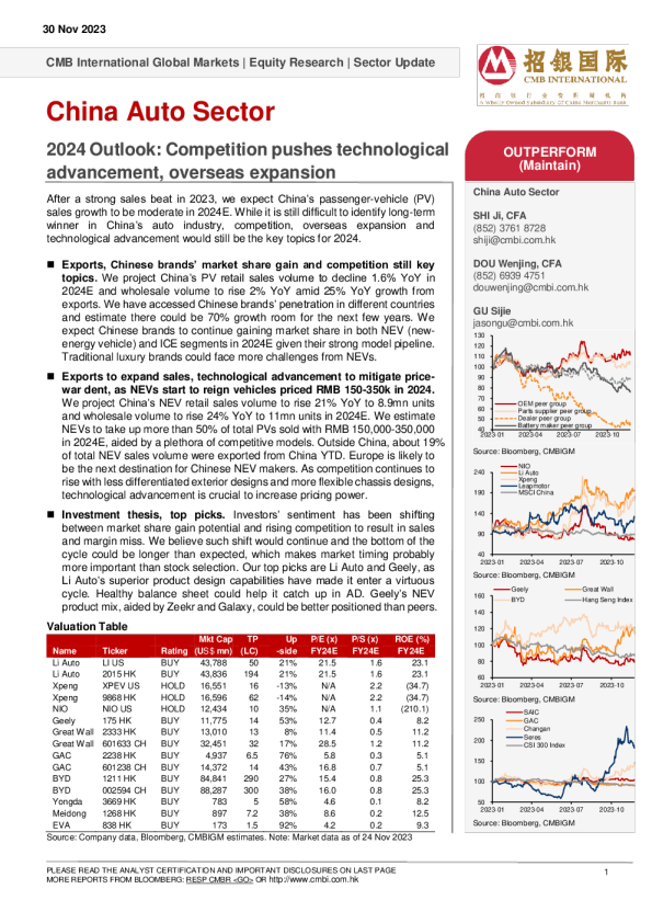 中国汽车行业 2024 年展望 ： 竞争推动技术进步 ， 海外扩张