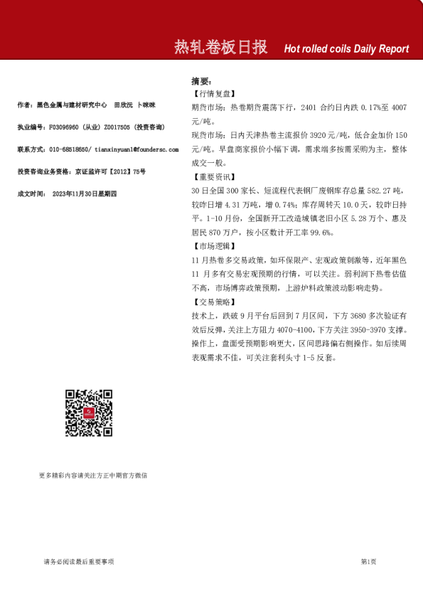 热轧卷板日报