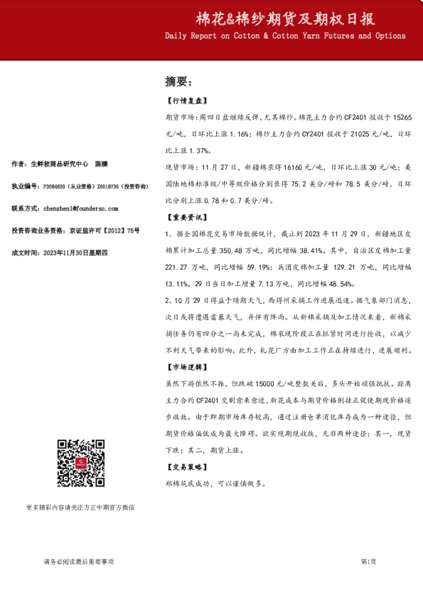 棉花&棉纱期货及期权日报