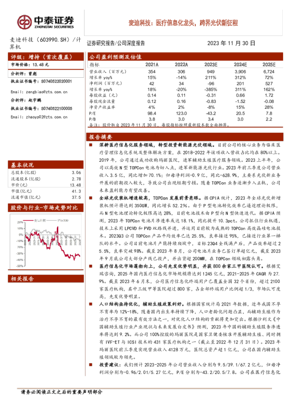 医疗信息化龙头，跨界光伏新征程