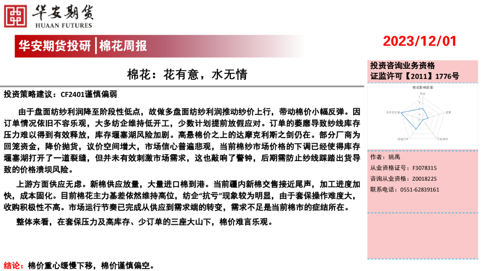 棉花周报：花有意，水无情