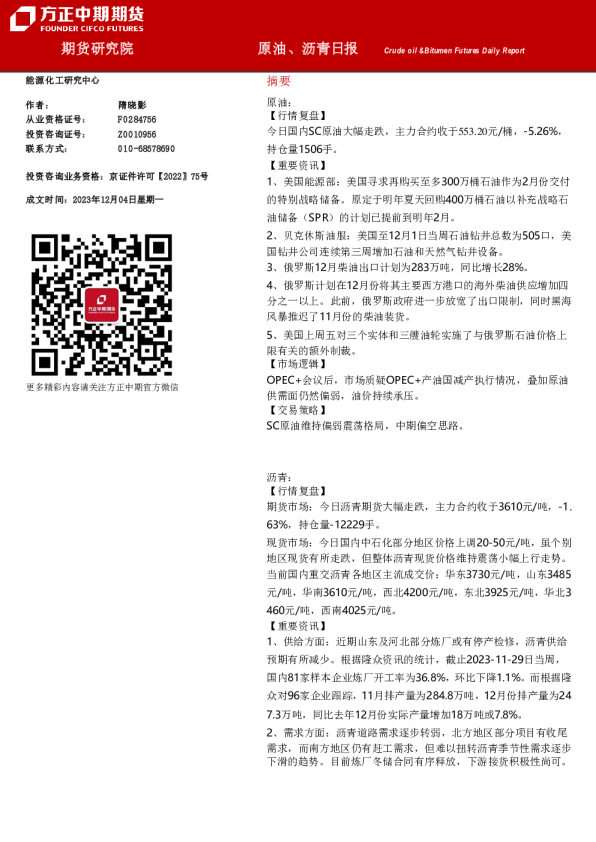 原油、沥青日报