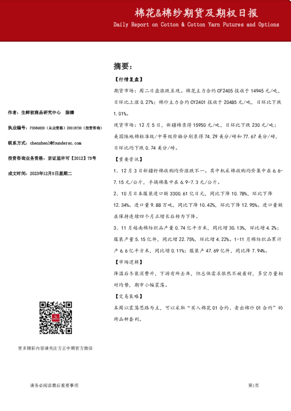 棉花&棉纱期货及期权日报