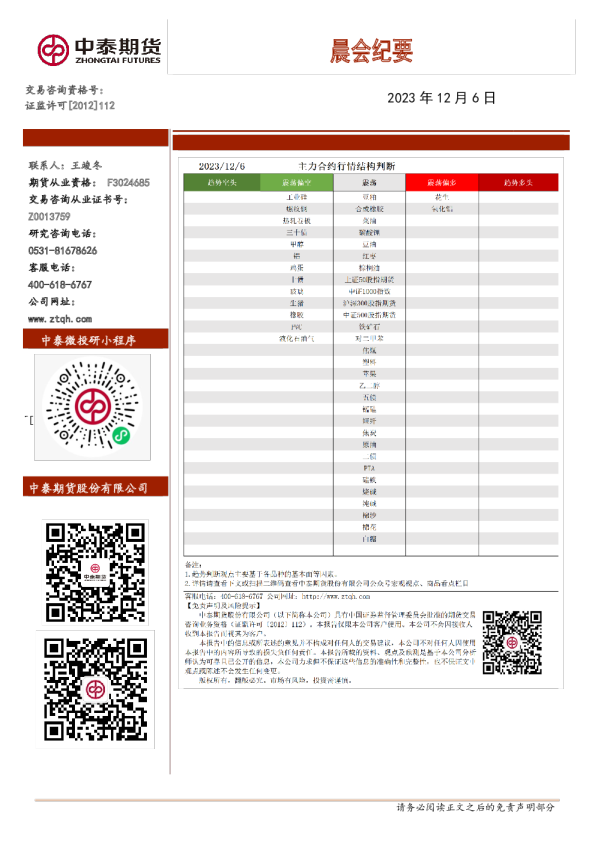 中泰期货晨会纪要