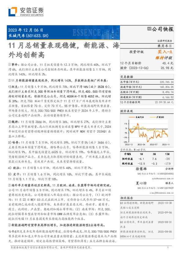 11月总销量表现稳健，新能源、海外均创新高