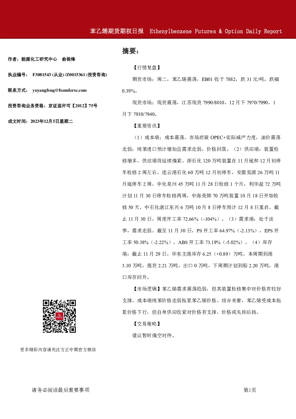 苯乙烯期货期权日报