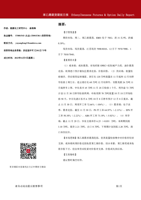 苯乙烯期货期权日报