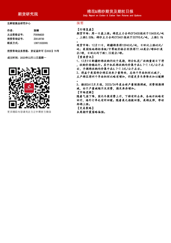 棉花&棉纱期货及期权日报
