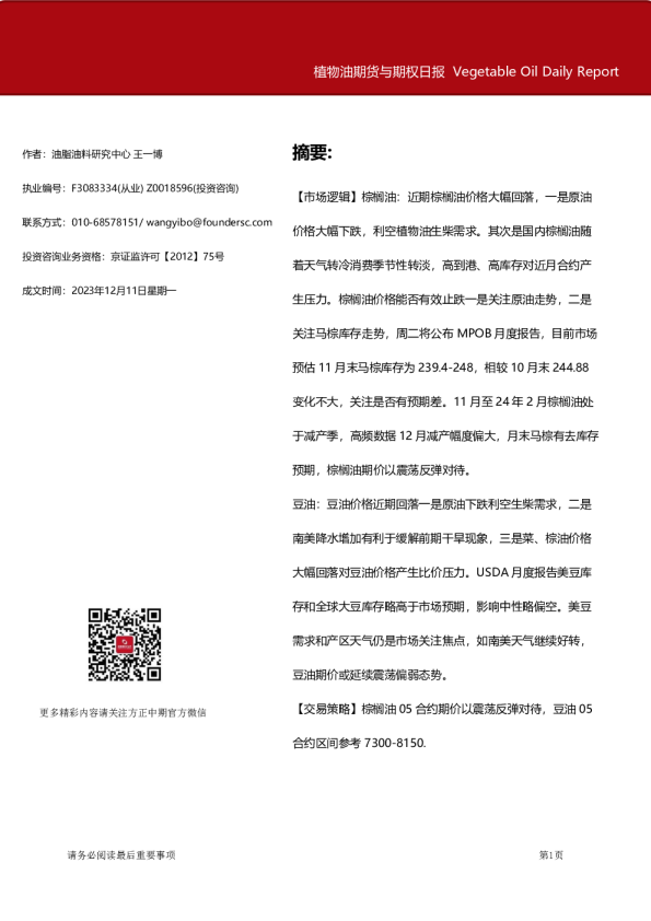 植物油期货与期权日报