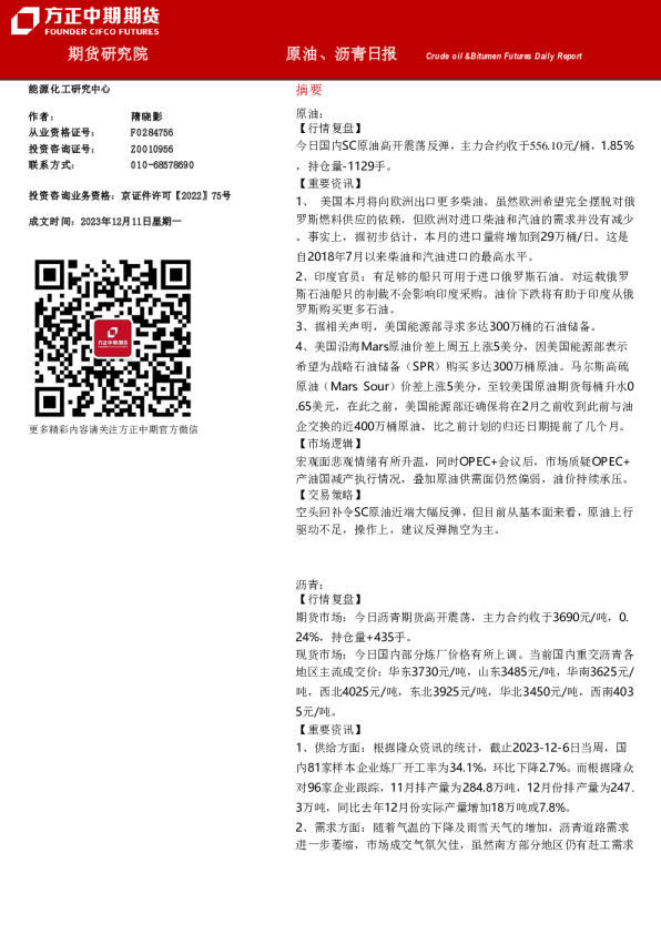 原油、沥青日报