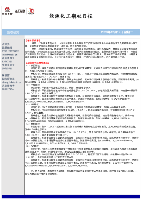 能源化工期权日报