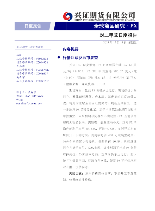 对二甲苯日度报告