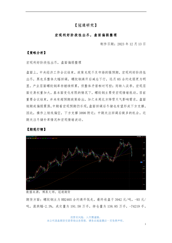 宏观利好阶段性出尽，盘面偏弱整理
