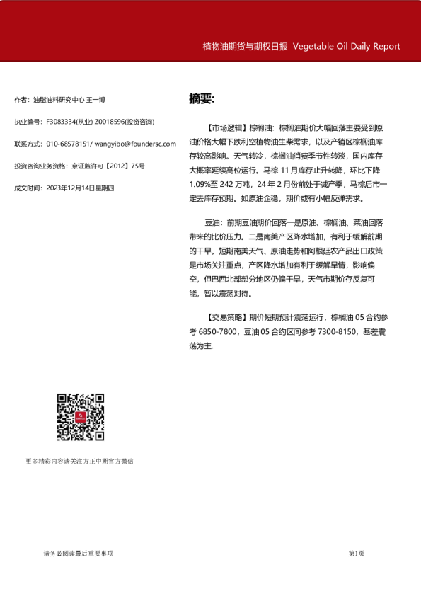植物油期货与期权日报