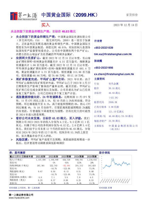 央企控股下的黄金和铜生产商，目标价46.83港元