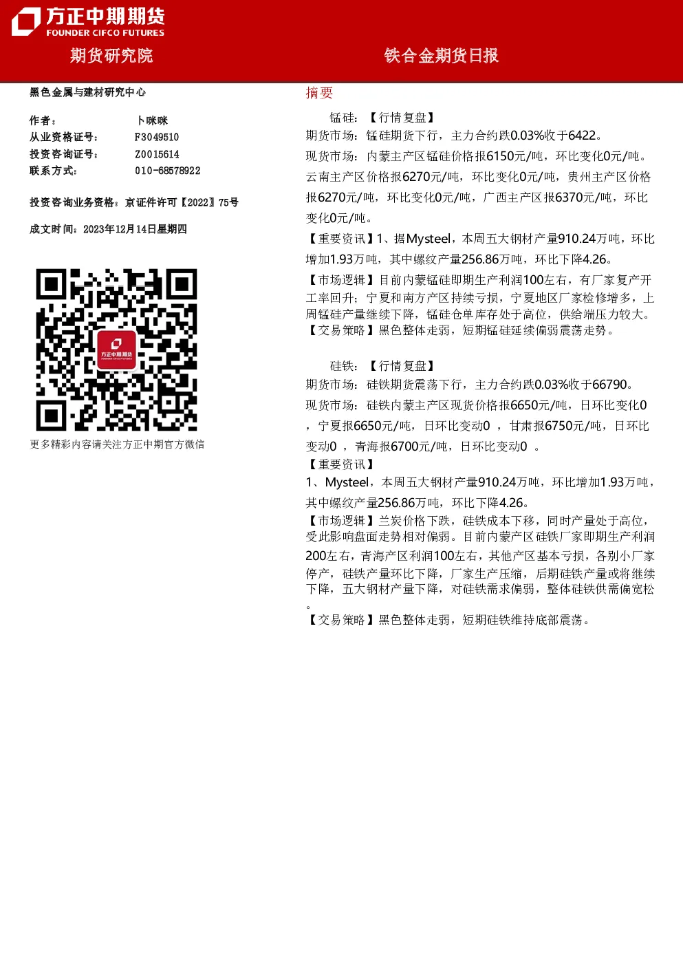 铁合金期货日报