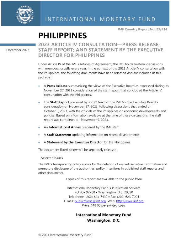 菲律宾 ： 2023 年第四条磋商新闻稿 ； 工作人员报告 ； 和菲律宾执行主任的声明