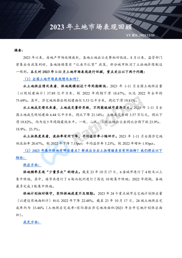 2023年土地市场表现回顾