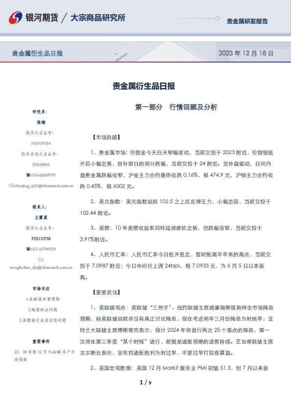 贵金属衍生品日报