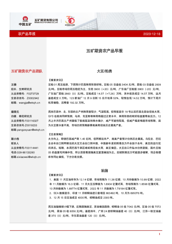 五矿期货农产品早报