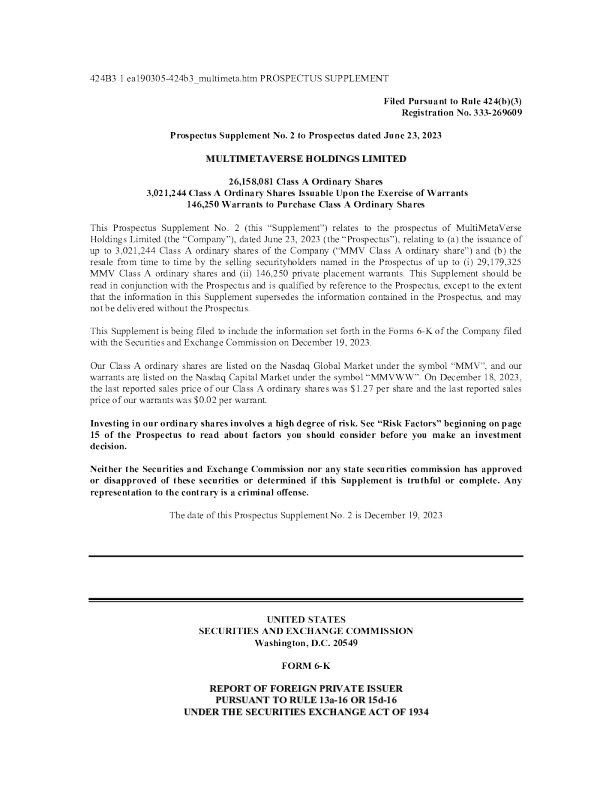 Multimetaverse Holdings Limited 美股股份说说明书 (2023 - 12 - 19 版)