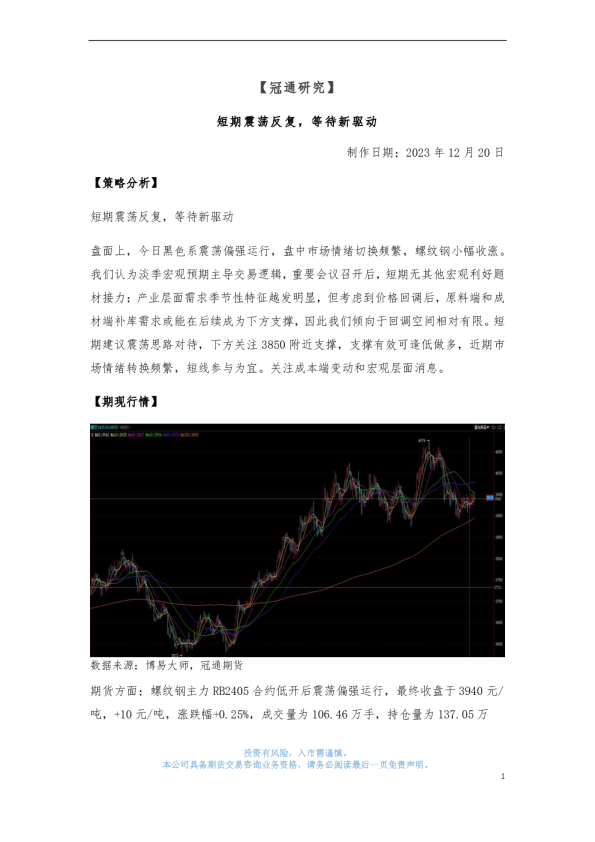 短期震荡反复，等待新驱动