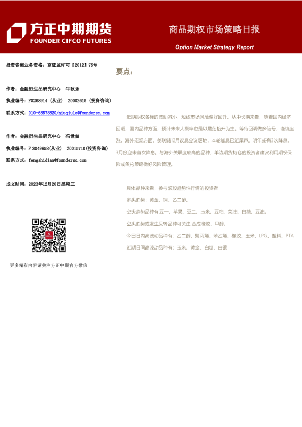 商品期权市场策略日报