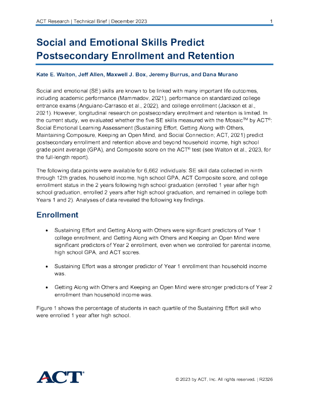 社会和情感技能预测中学后入学和保留