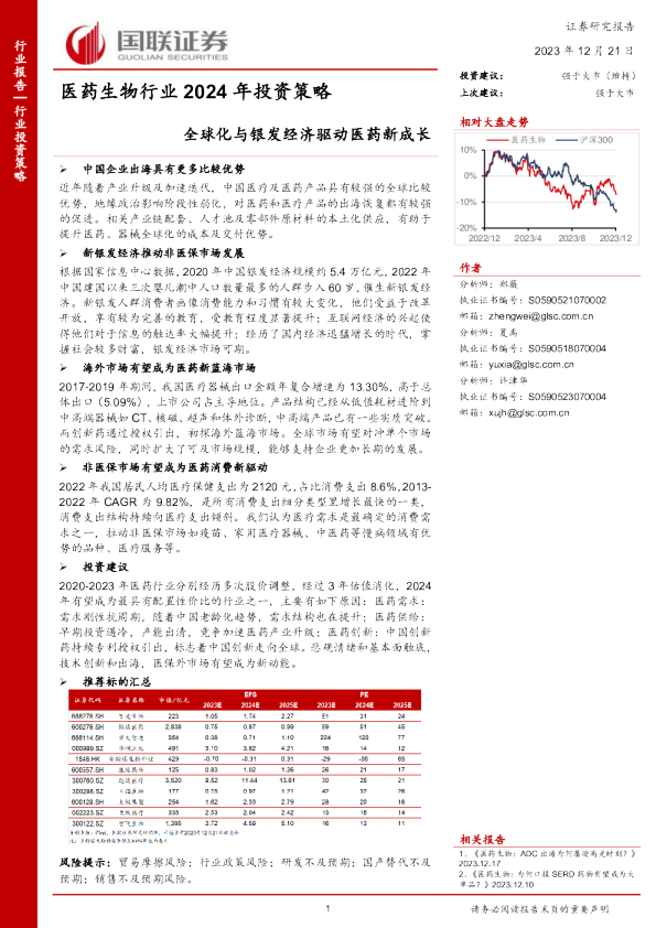 医药生物行业2024年投资策略：全球化与银发经济驱动医药新成长