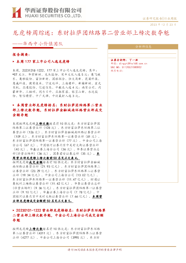 龙虎榜周综述：东财拉萨团结路第二营业部上榜次数夺魁