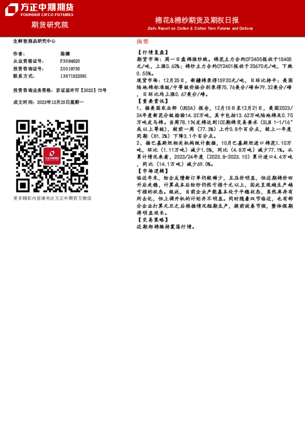 棉花&棉纱期货及期权日报