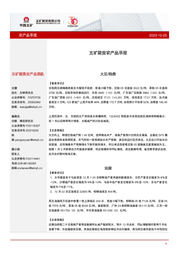 五矿期货农产品早报