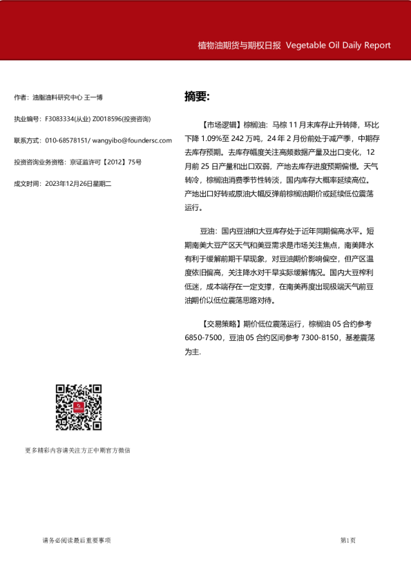 植物油期货与期权日报