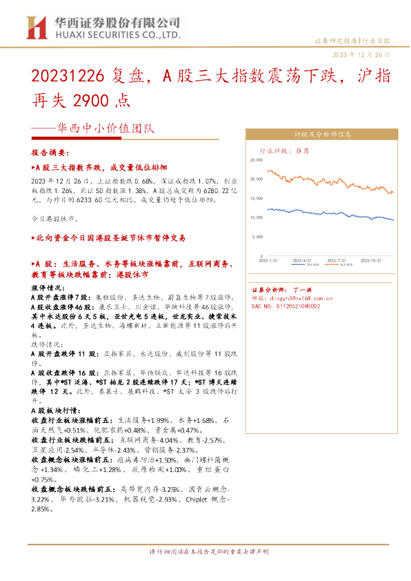 华西中小价值团队：复盘，A股三大指数震荡下跌，沪指再失2900点
