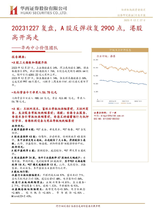 华西证券-华西中小价值团队：20231227复盘，A股反弹收复2900点，港股高开高走