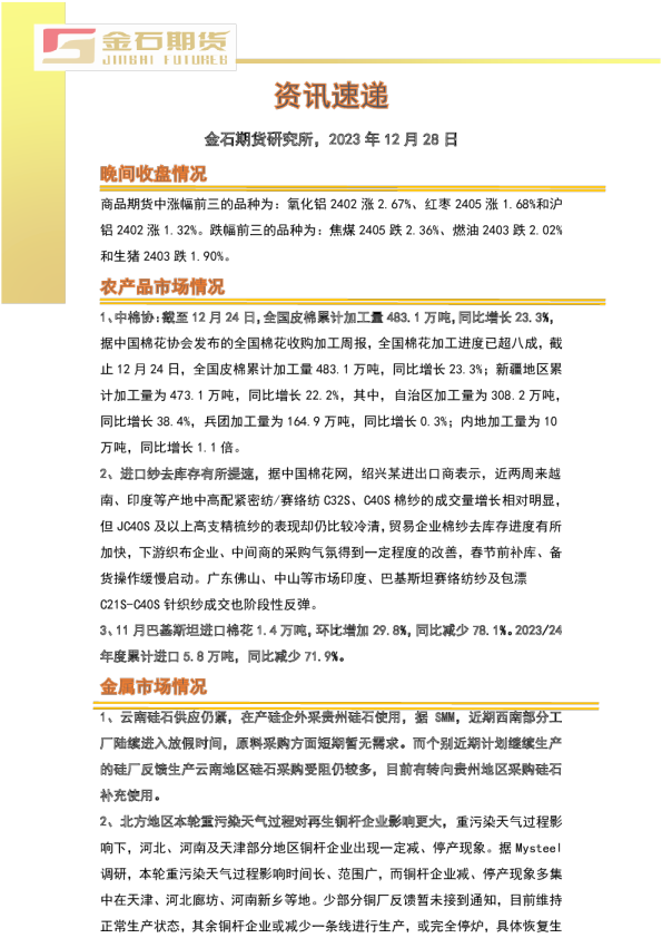金石期货-资讯速递