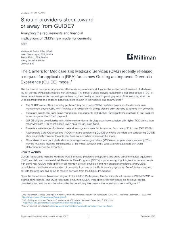 供应商应该转向还是远离GUIDE？分析CMS新痴呆模型的要求和财务影响