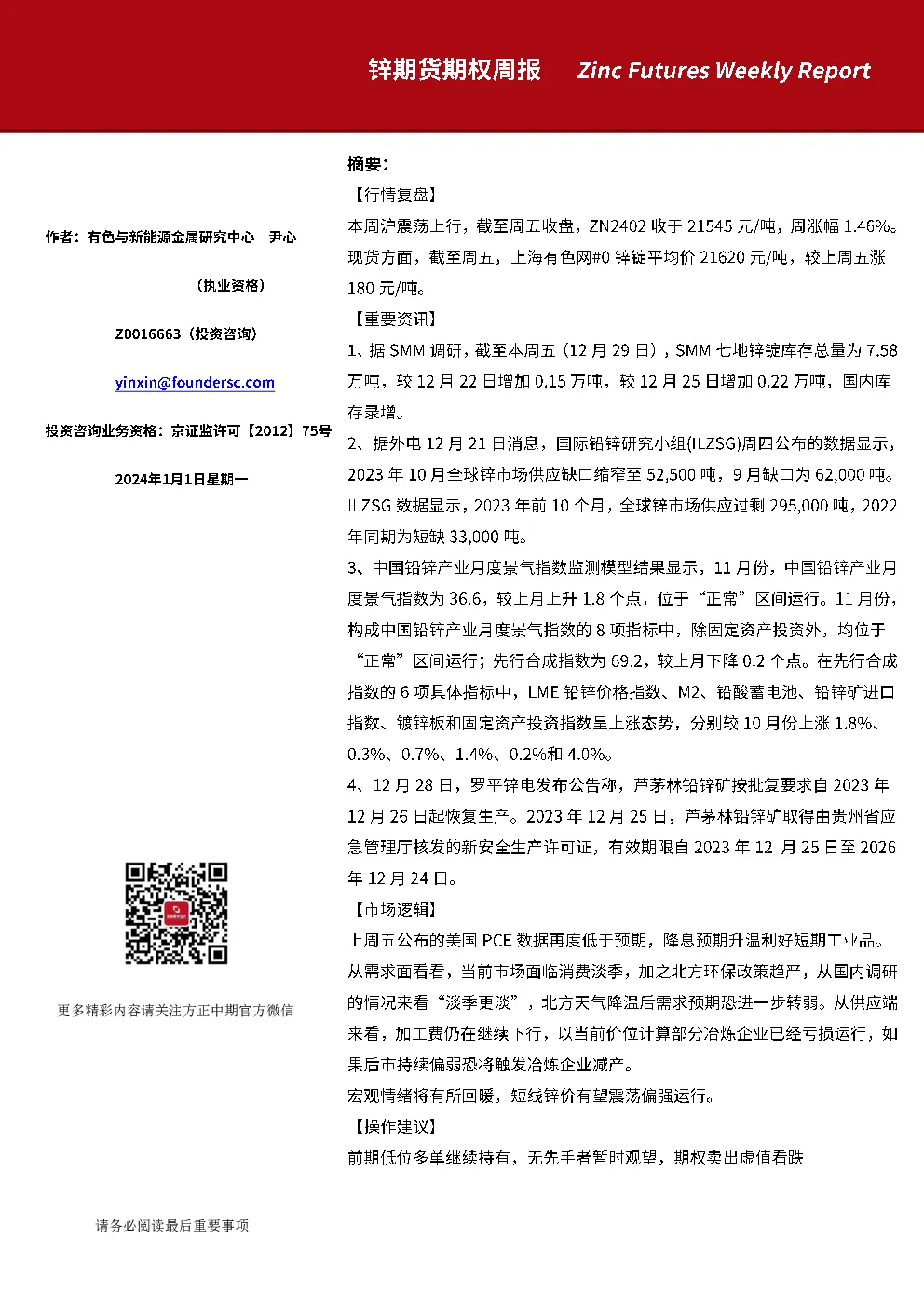 锌期货期权周报