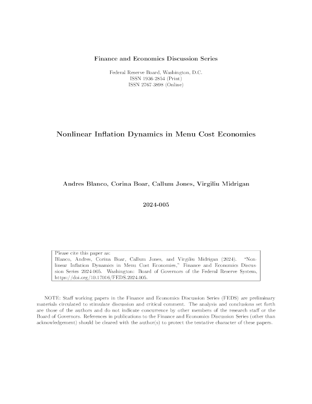 美联储菜单成本经济中的非线性通货膨胀动力学