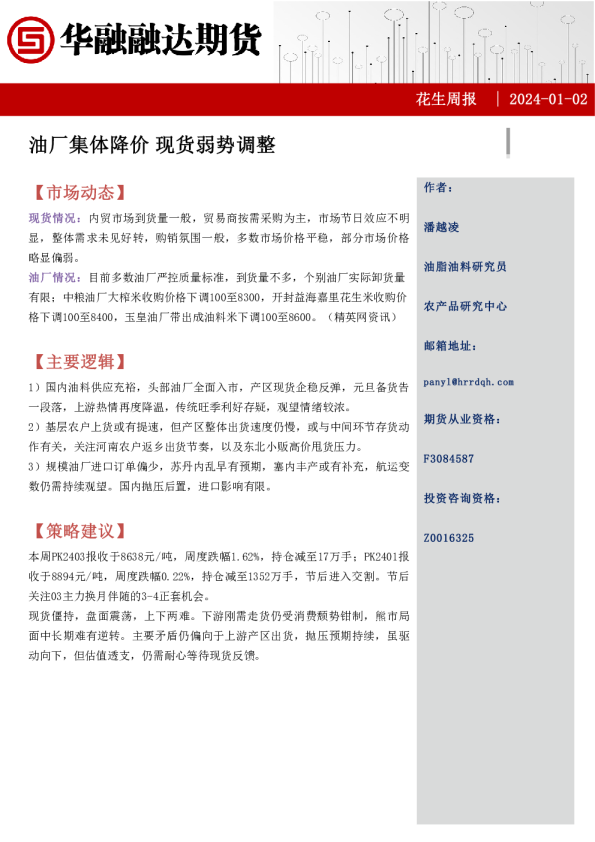 花生周报：油厂集体降价 现货弱势调整