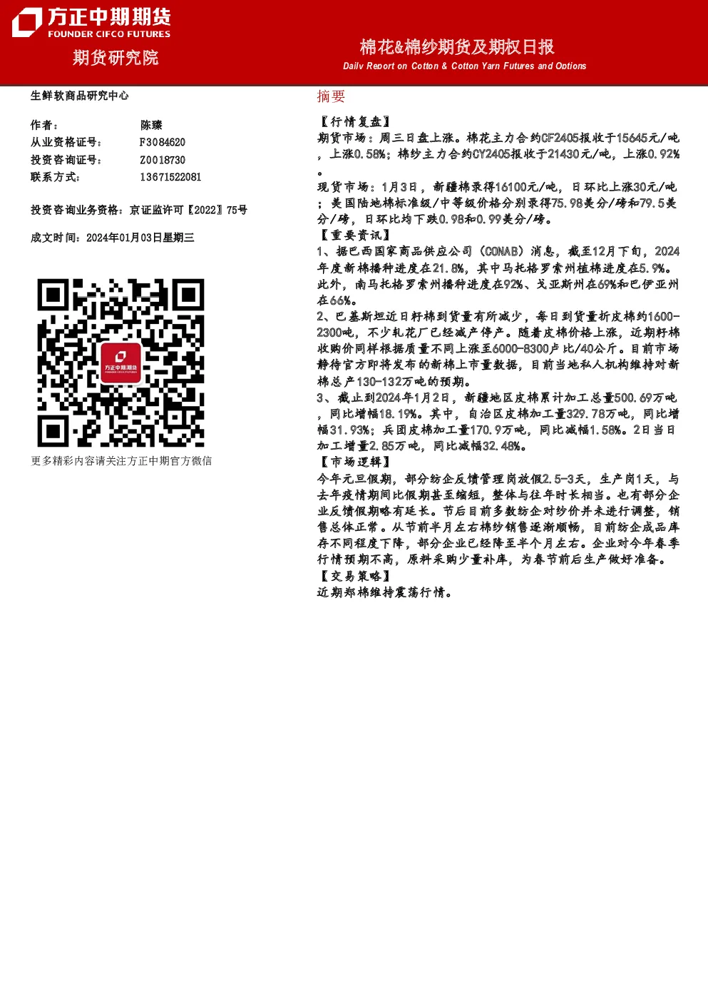 棉花&棉纱期货及期权日报
